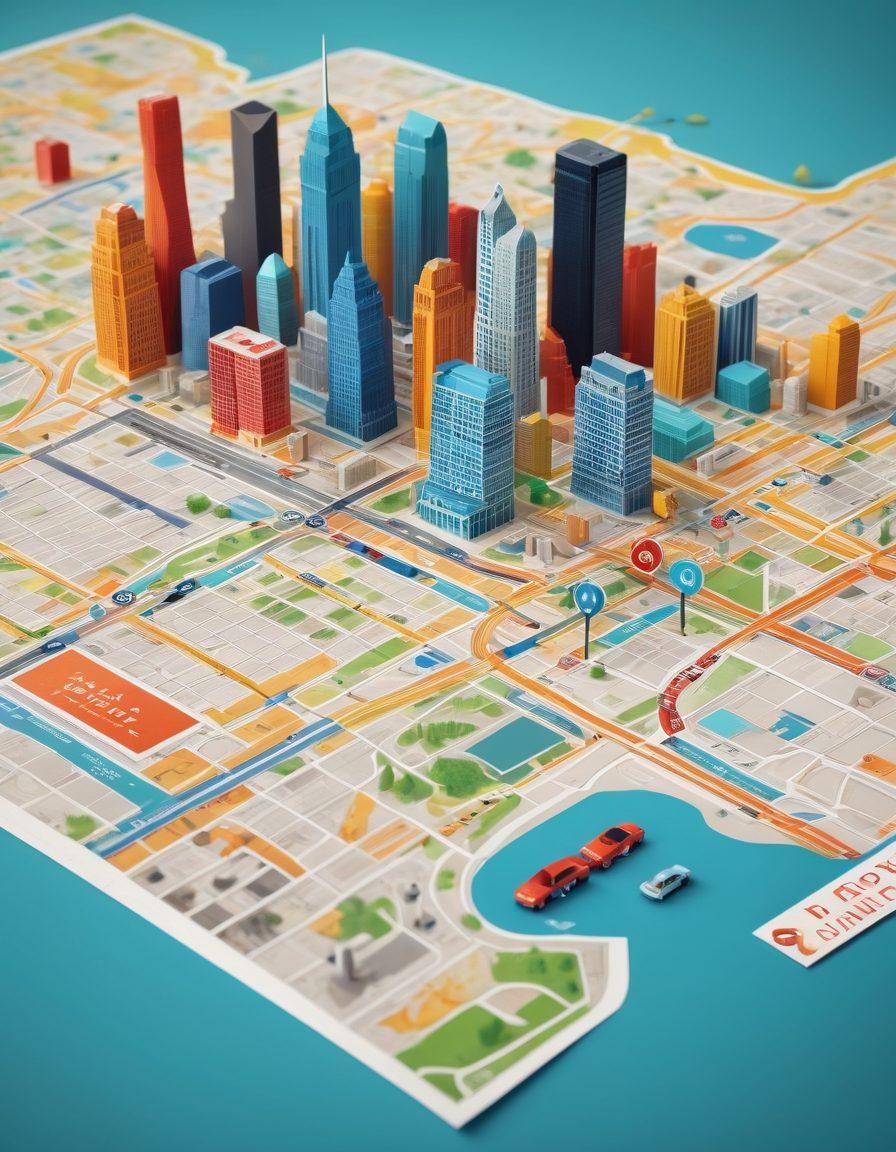A detailed map of Detroit filled with colorful icons representing various insurance coverage options, such as health, auto, and home insurance. Surround the map with diverse individuals exploring the options, looking engaged and informed. Include elements like a compass and road signs to symbolize navigation. The background should feature Detroit's skyline and landmarks. vibrant colors. flat design.