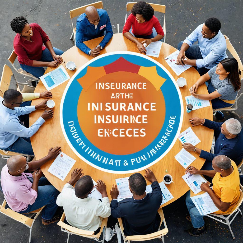 A vibrant community scene featuring diverse individuals working together around a table, discussing insurance options, with a backdrop of local businesses and friendly faces. Incorporate visual elements like insurance symbols, community banners, and a warm, inviting atmosphere. Emphasize collaboration and support among community members. bright colors. super-realistic.