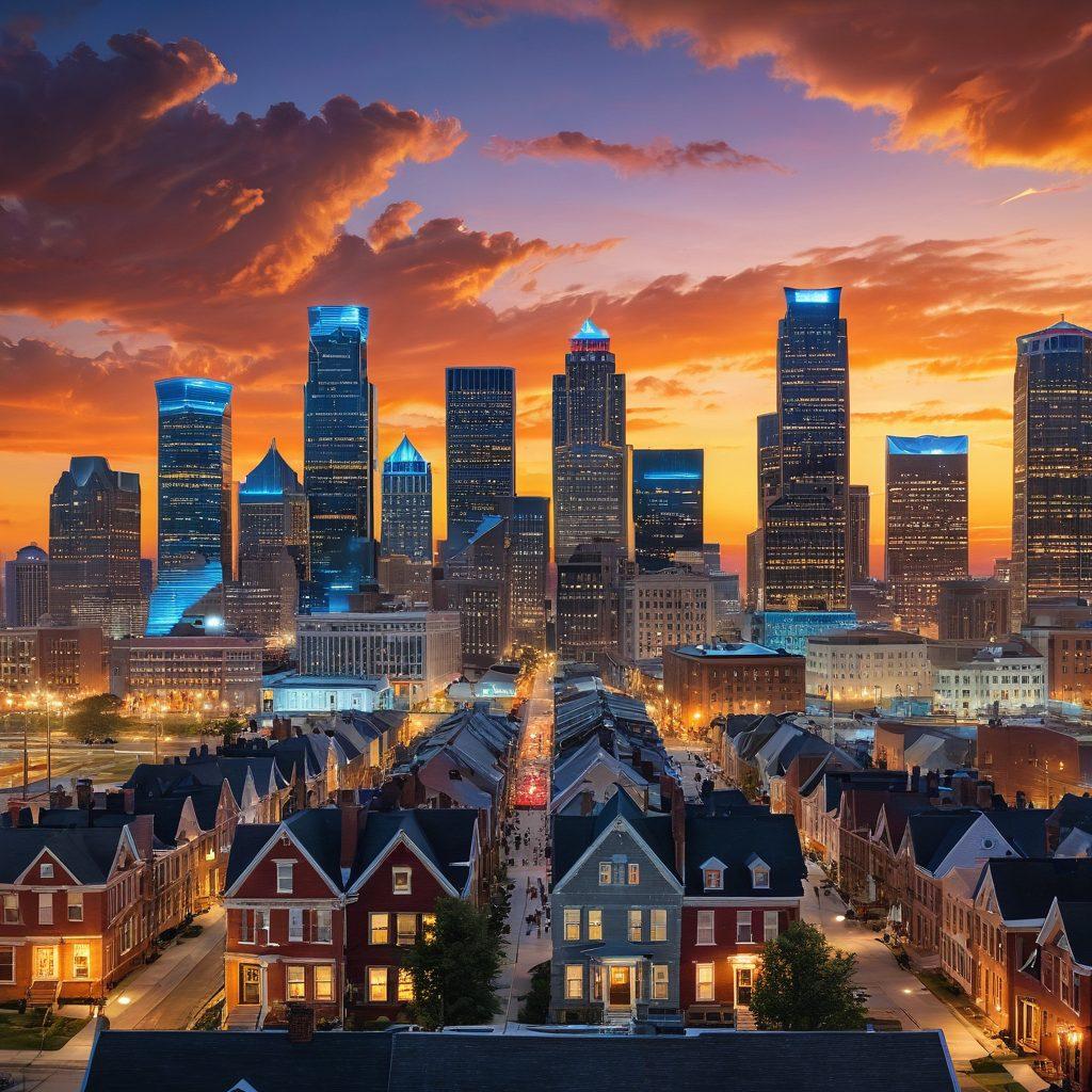 A vibrant, urban skyline of Detroit at sunset, highlighting diverse people engaged in discussions about community support and insurance. Include symbols of affordable insurance, like a shield and hands shaking, intertwined with elements representing unity and safety, such as a heart and homes. The scene should convey a sense of hope and collaboration, with bright colors accentuating the positive atmosphere. super-realistic. vibrant colors. 3D.